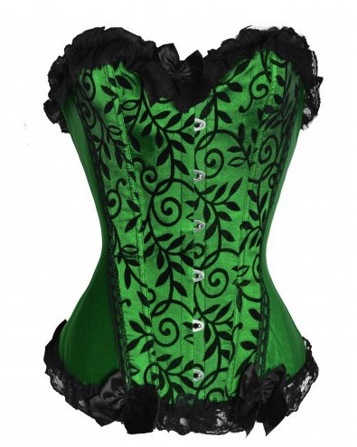 Green Satin Black Flower Fishnet V-line Corset